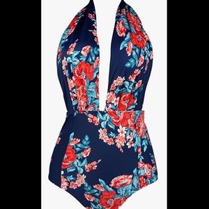 Navy floral one-piece swim suit
